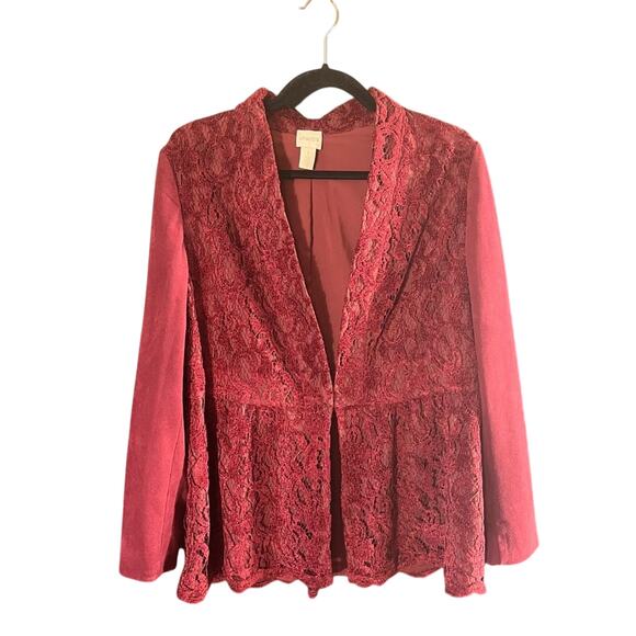 Chico’s‎ Burgundy Lace And Suede Jacket Size 1 (Medium/8) - Picture 1 of 12